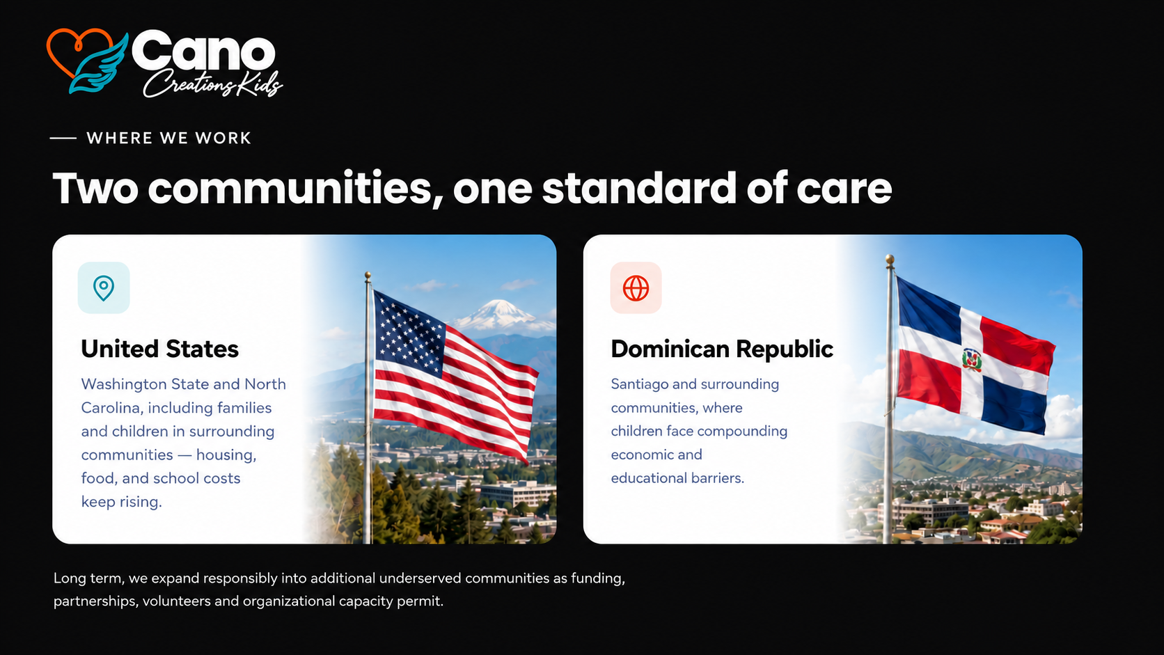 Cano Creations Kids communities in the United States and Dominican Republic, shown with American and Dominican flags